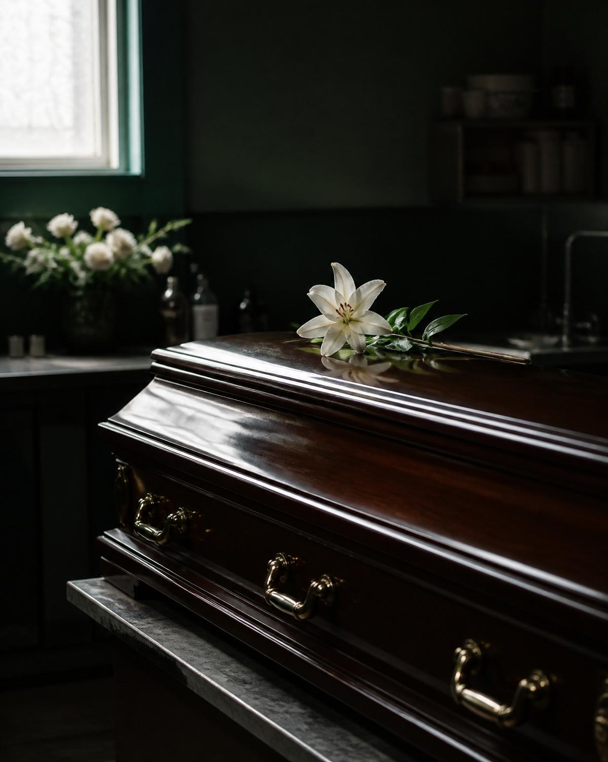 Polished casket with a single white lily in a preparation room