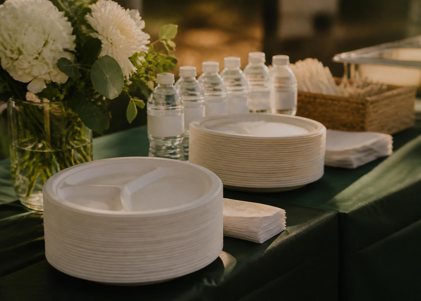 Plates and water bottles laid out for a memorial meal