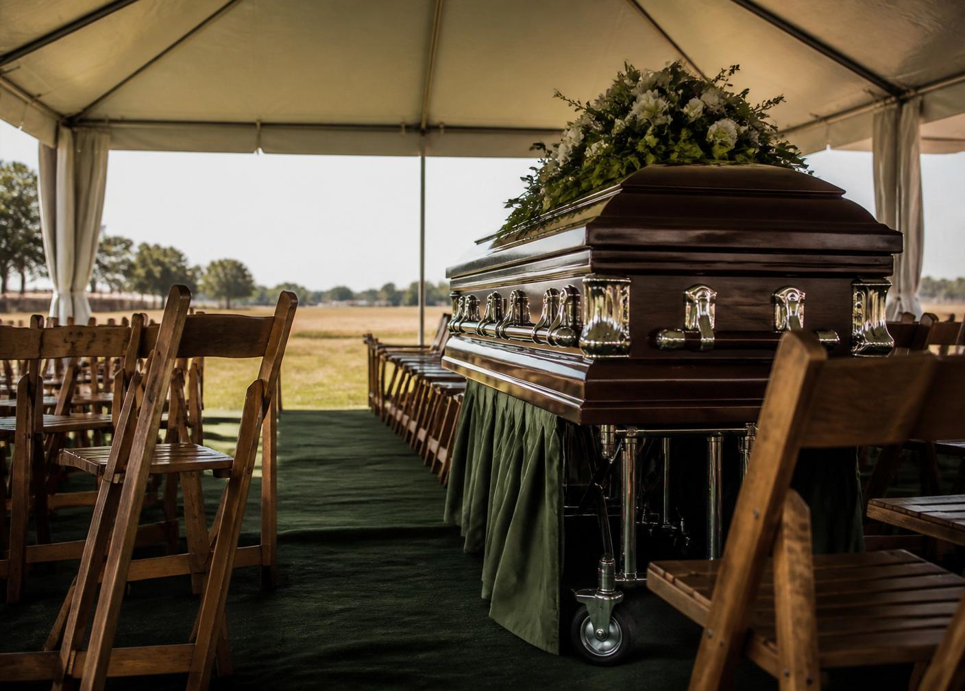Branded SJ Funeral Services marquee set up for a service
